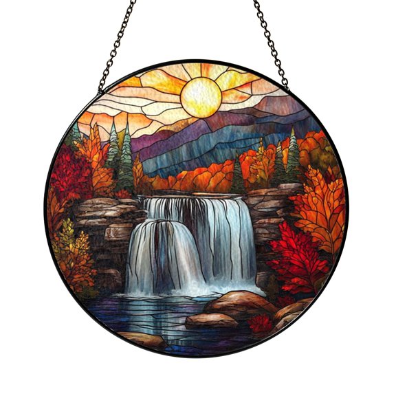 Mountain Waterfall Stained Glass Style Suncatcher, Fantasy Autumn Forest Window Hanging Art Decor, Scenic Nature Home Window Decoration