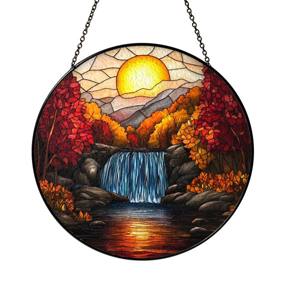 Mountain Waterfall Window Hanging – Stained Glass Style Nature Decor1701