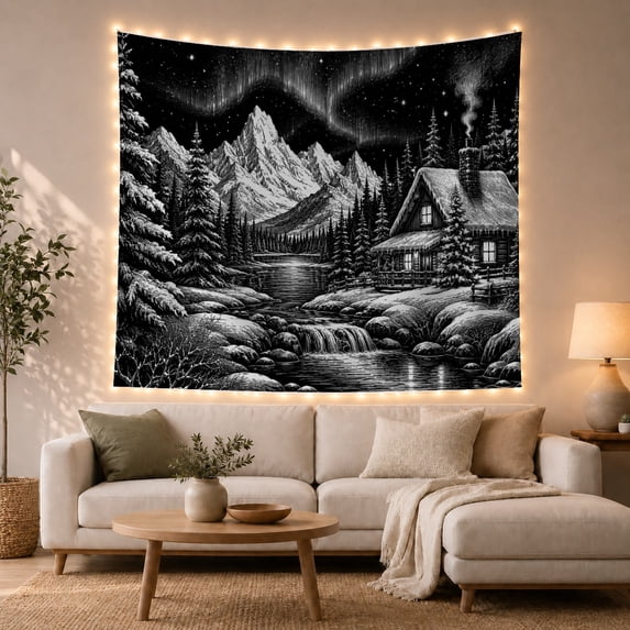 Mountain Waterfall in Winter Forest, Mystical Illustration for Nature Lovers, Starry Night Scene Wall Art Holiday Gift, Tapestry Wall Hanging for Bedroom and Living Room