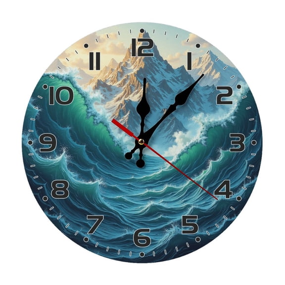 Mountain Wave Wall Clock 10 Inch Silent Non Ticking Round Wooden Clock Decoration for Living Room Kitchen Bedroom Bathroom Office Classroom