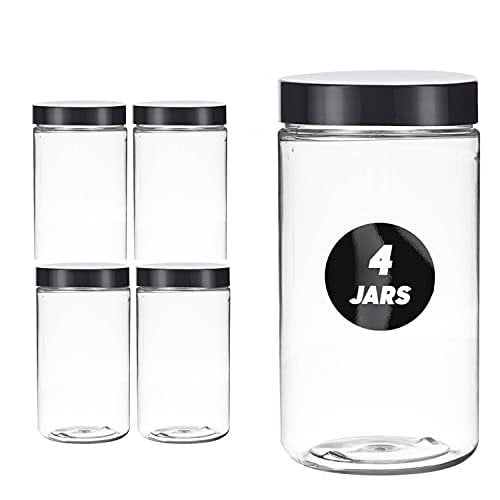 Mountain West Plastic Jars 32 Ounce Cylindrical Shape 4 Pack Clear PET Plastic With Black Smooth Lids