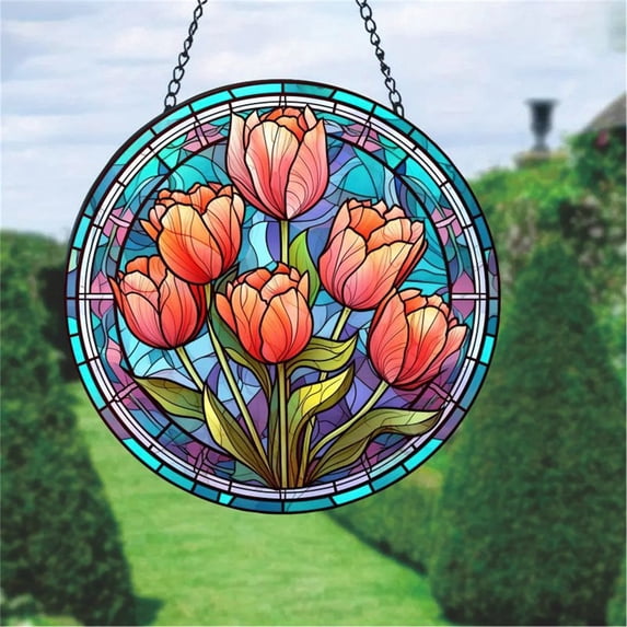 Mountain Wilderness Stained Glass Jigsaw Puzzle Suncatcher, Round Acrylic Window Hanging Decor, Unique Shape 126 Pieces Flower Butterfly Nature Puzzle with Chain
