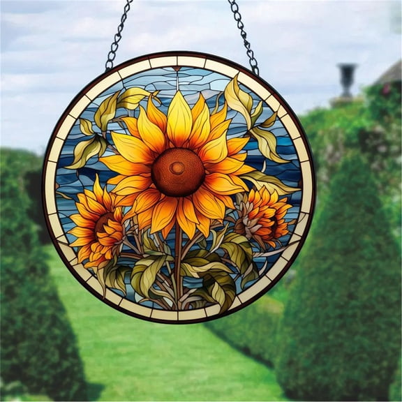 Mountain Wilderness Stained Glass Jigsaw Puzzle Suncatcher, Round Acrylic Window Hanging Decor, Unique Shape 126 Pieces Flower Butterfly Nature Puzzle with Chain