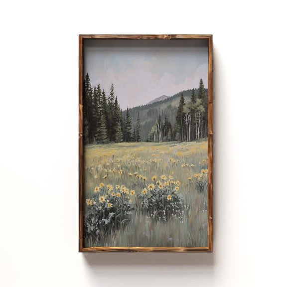 Mountain Wildflower Field Arrowleaf Balsamroot Meadow Evergreen Forest Nature Landscape Poster