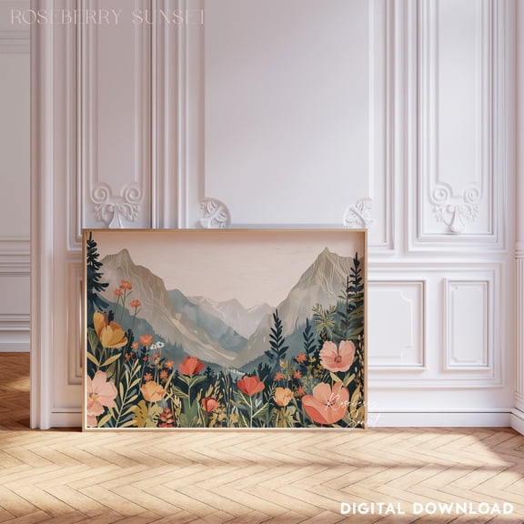 Mountain Wildflower Field Poster Spring Floral Botanical Nature Landscape Poster, Poster Only