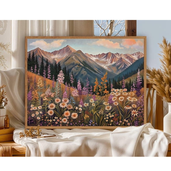 Mountain Wildflower Landscape Art Poster Boho Mountain Landscape Wall Art Printable Colorful Flower Field Art, Spring Meadow Field, Size 8x12 UNFFRAMED F03.1.6l467