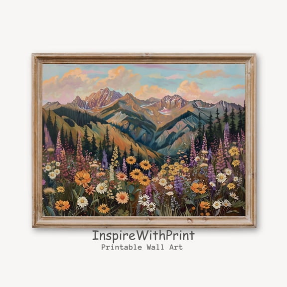Mountain Wildflower Landscape Art Print, Printable Mountain Landscape Wall Art, Colorful Flower Field Art Home Decor, Size 16x24 UNFFRAMED