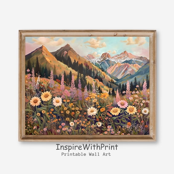 Mountain Wildflower Landscape Art Print, Printable Mountain Landscape Wall Art, Colorful Flower Field Art UNFRAMED Poster, Wall Art for Decor, Present, 8x12