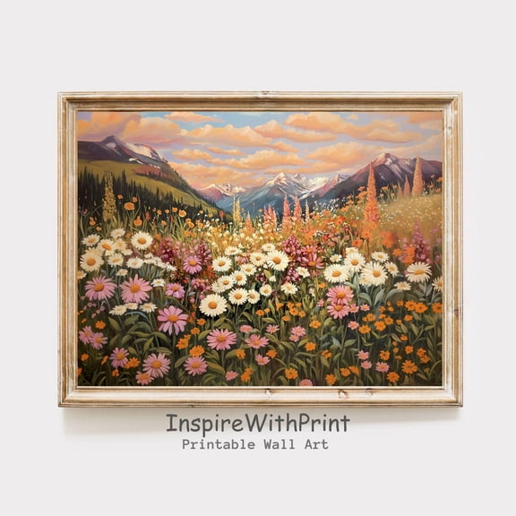 Mountain Wildflower Landscape Art Printable Spring Summer Wall Decor, Colorful Flower Meadow Field Boho Mountain Landscape Wall Art, Size 8x12 UNFFRAMED F03.1.5l1477