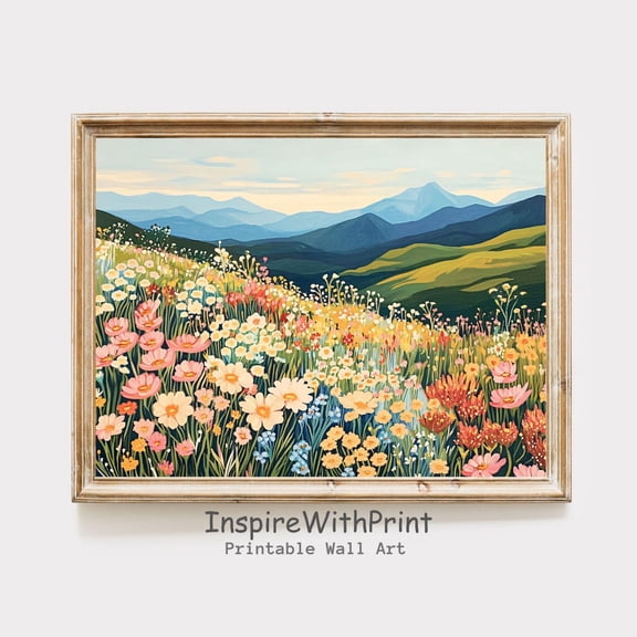 Mountain Wildflower Landscape , Colorful Flower Field Art Poster Mountain Landscape Wall Art Printable Spring Flower Meadow Print, Size 12x18 UNFFRAMED F03.1.6l730