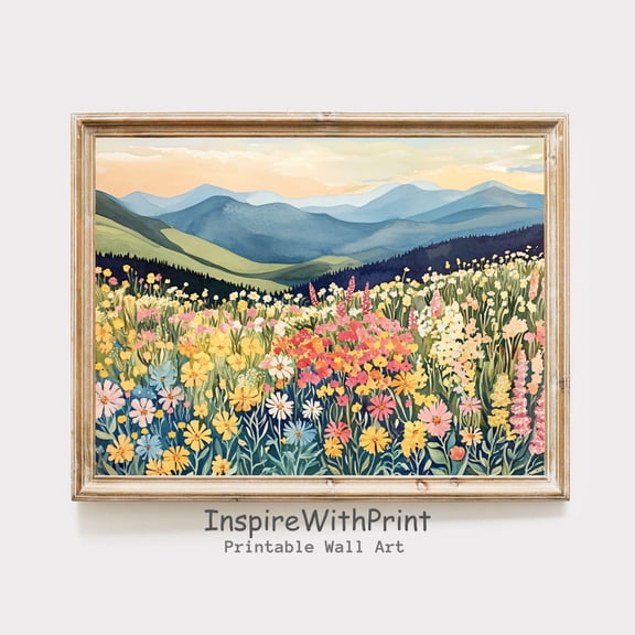 Mountain Wildflower Landscape , Colorful Flower Field Art Poster Mountain Landscape Wall Art Printable Spring Flower Meadow Print, Size 8x12 UNFFRAMED F03.1.6l235