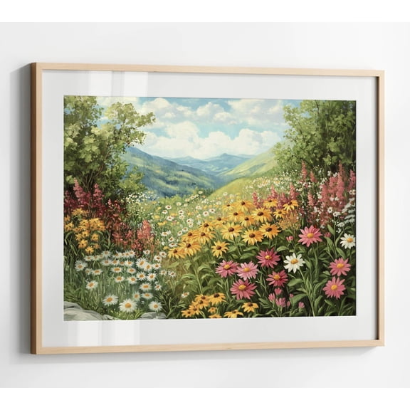Mountain Wildflower Landscape , Colorful Flower Field Poster Daises Flower Meadow Spring Wall Art Printable Country Farmhouse Print, Size 12x18 UNFFRAMED F03.1.6l639
