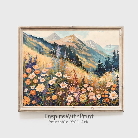 Mountain Wildflower Landscape Poster, Colorful Flower Field Art Poster, Mountain Landscape Wall Art, Summer Colorful Flowers Poster UNFRAMED Poster, Wall Art for Decor, Present, 24x36