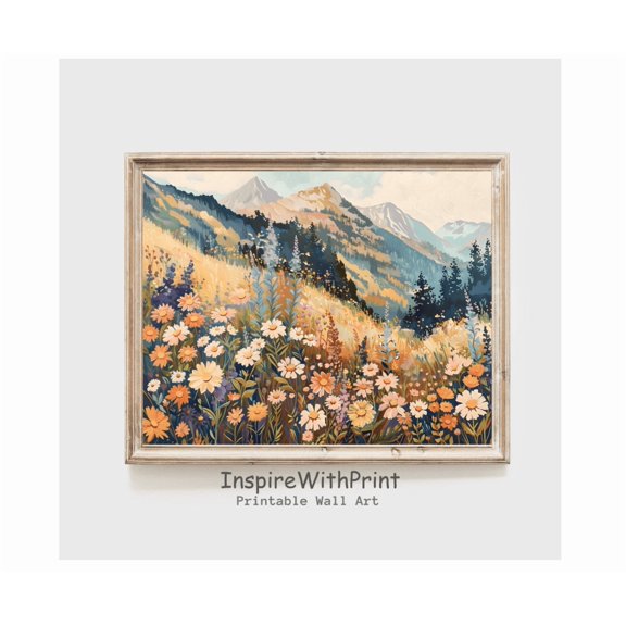 Mountain Wildflower Landscape Poster Colorful Flower Field Summer Nature Wall Art