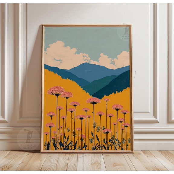 Mountain Wildflower Landscape Poster, Yellow Meadow Wall Art Print, Modern Alpine, Poster Only