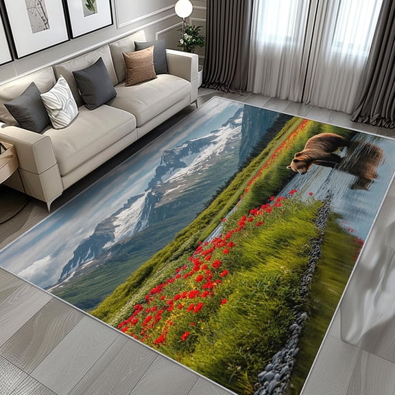 Mountain Wildlife Area Rugs, Bear Nature Carpet, Washable Non Slip Low Pile Soft Rug for Entryway Bedroom Decor Mat 5ftx8ft