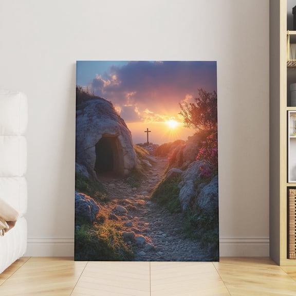 Mountain With Cross And Sunrise Christian Inspirational Religious Wall Art Faith Based Decor Spiritual Artwork Unframed Paper Print