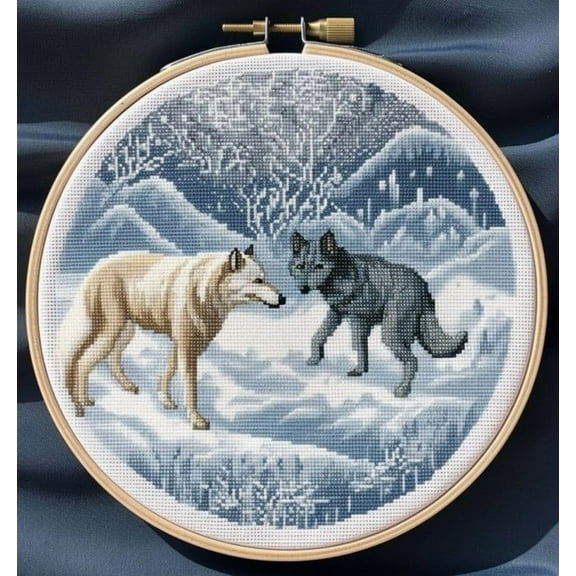 Mountain Wolf Cross Stitch Kits with Hoop for Beginners Stamped Cross-Stitch Supplies Needlework DIY 11CT 3 Strands Cotton Thread Printed DIY Needlepoint Kits 3535cm (CB67)