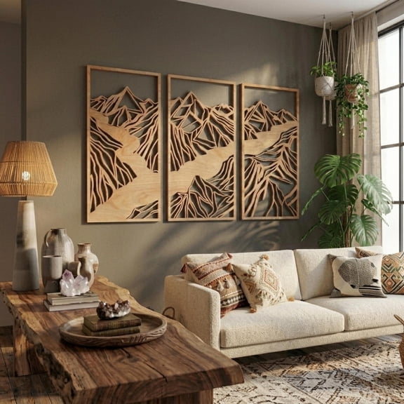 Mountain Wood Wall Art, Horizontal Landscape Decor, Above Bed Headboard Art, Geometric Nature Panel, Rustic Cabin Triptych, Valley Silhouett, Poster Only