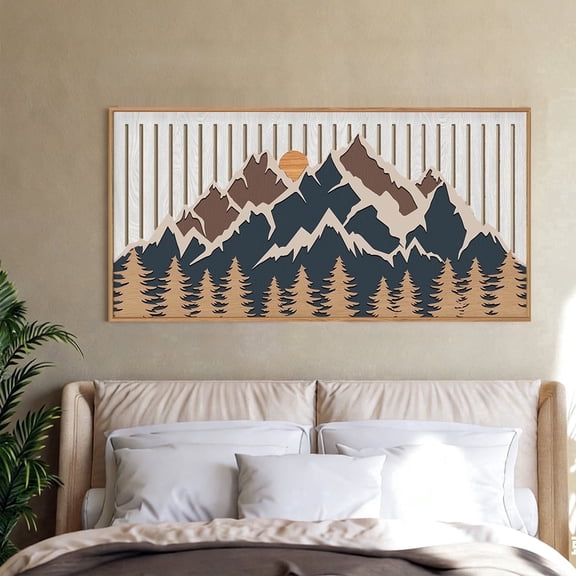 TOARTi Mountain Wooden Wall Art Framed Forest Sun Woodland Nature Landscape Hollow Out For Living Room Bedroom Office 16x32 Inch