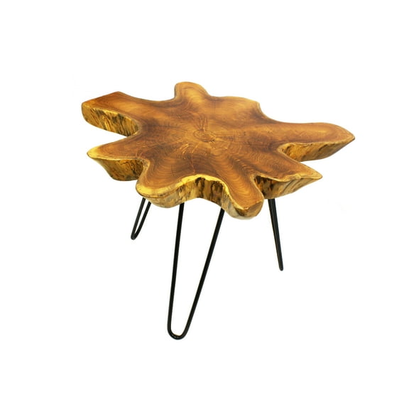 Mountain Woods Live Edge Side Table Hand Made With Selected Organic Brazilian Teak Wood, Natural Finished, 24X24X18