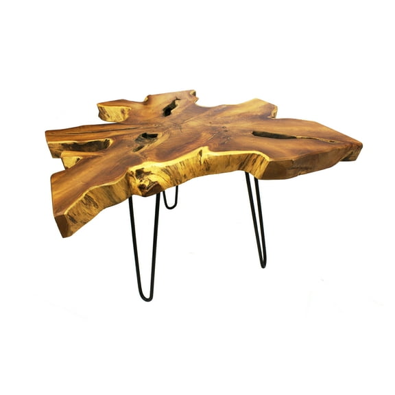 Mountain Woods Live Edge Side Table Hand Made With Selected Organic Brazilian Teak Wood, Natural Finished, 32X32X18