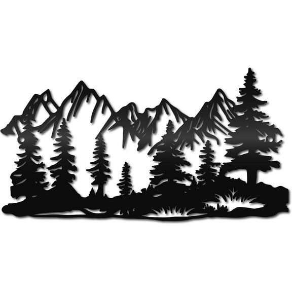 Mountain and Forest Metal Wall Art Black Metal Wall Hanging Decor Tree Hanging Iron Sculpture Outdoor Ornament Sign