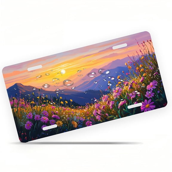 Mountain flower Sunset Front License Plate, Metal License Plate, Funny Standard Plates Personalized Novelty Decorative For Men/Women/Boys/Girls Car 6×12 Inch