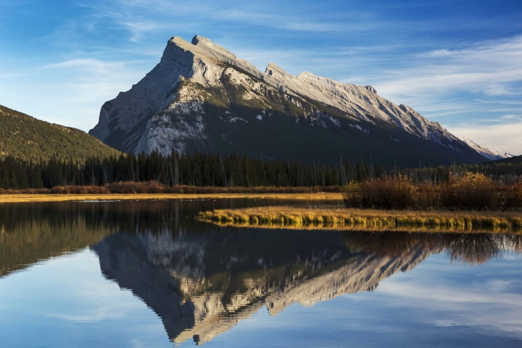 Mountain lake reflecting mountain at sunset with blue sky and clouds Banff National Park Alberta Canada Canvas Art - Michael Interisano Design Pics (38 x 24)