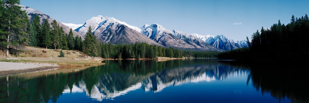 Mountain range at the lakeside Johnson Lake Jasper National Park Alberta Canada Canvas Art - Panoramic Images (12 x 36)