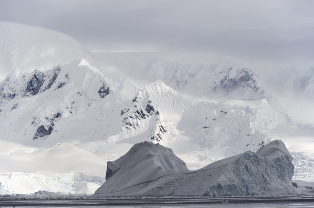 Mountain range covered by glaciers in the Wilhelmina Bay with a large iceberg in the foreground Antarctic Peninsula Canvas Art - Daisy Gilardini Design Pics (19 x 12)