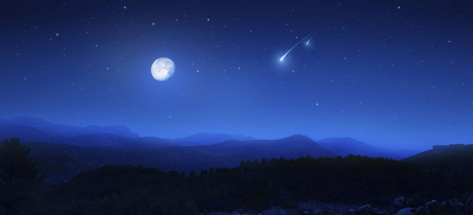 Mountain range on a misty night with moon and starry sky Canvas Art - Evgeny KuklevStocktrek Images (42 x 20)