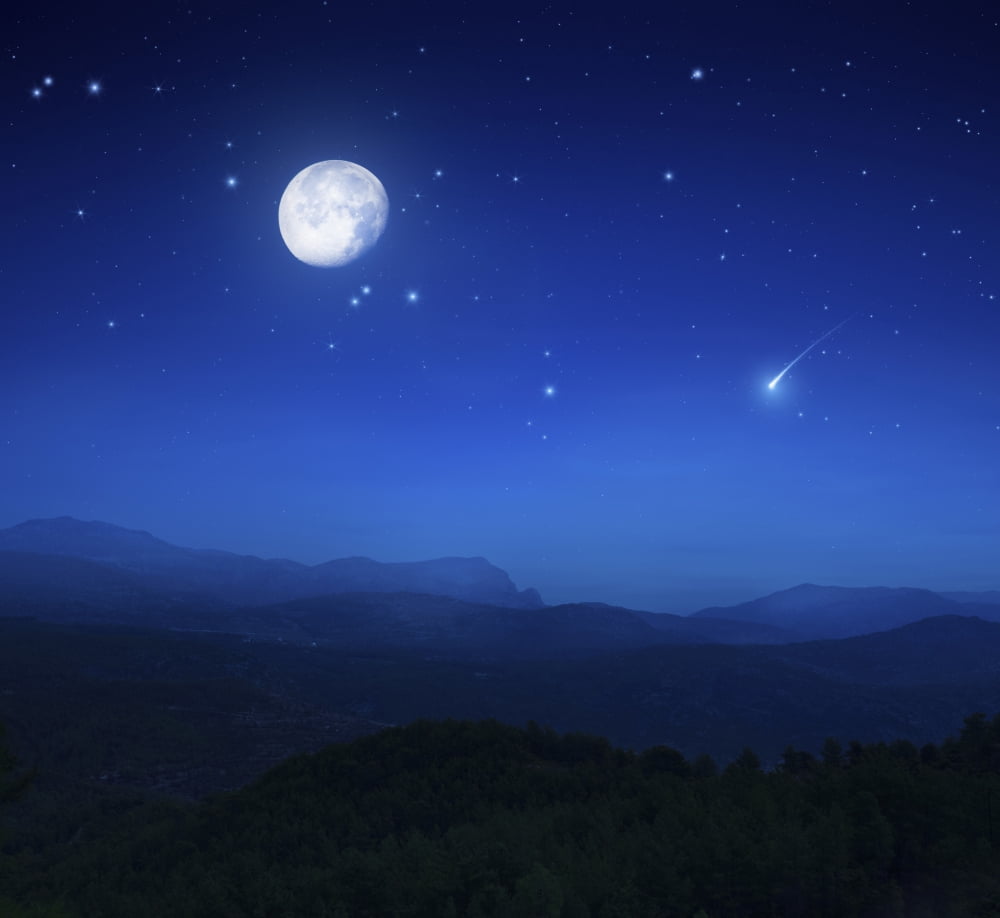 Mountain range on a misty night with moon starry sky and falling meteorite Canvas Art - Evgeny KuklevStocktrek Images (30 x 28)