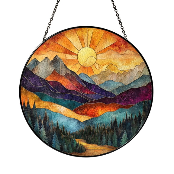 Mountain range panel, stained glass look window accent for cabin or home decoration