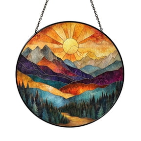 Mountain range panel, stained glass look window accent for cabin or home decoration