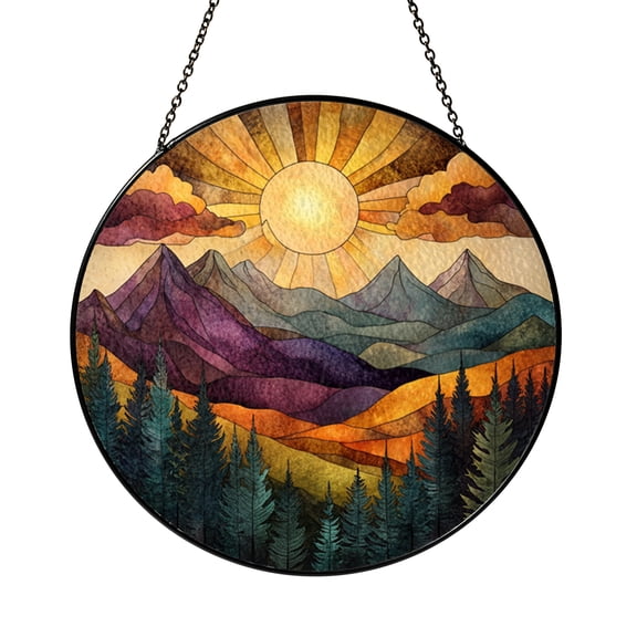 Mountain range stained style window hanging, scenic wall mounted panel for rustic home decor