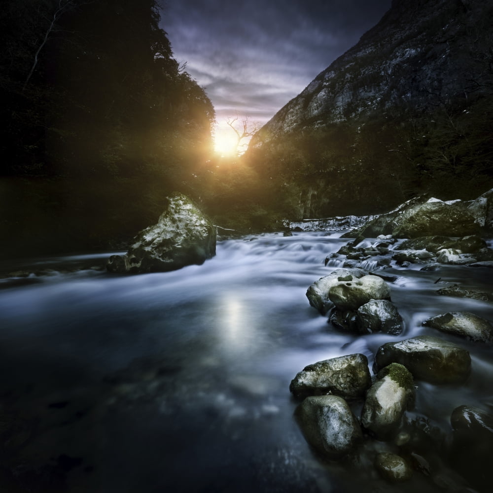 Mountain river at sunset Ritsa Nature Reserve Abkhazia Georgia Canvas Art - Evgeny KuklevStocktrek Images (29 x 29)