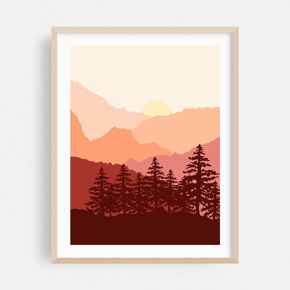 Mountain view in orange - Illustration Oak Framed Wall Art Print 16 x 20 inches