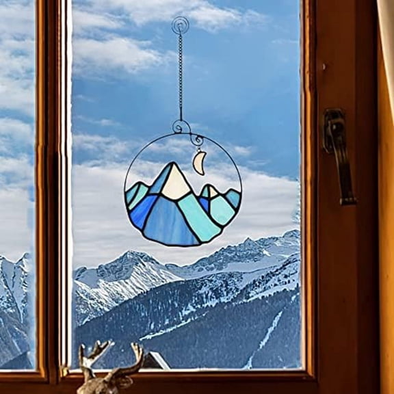 Mountain with Moon Stained Window Hanging,Snow Mountain for Window,Moon Mountain Decor B