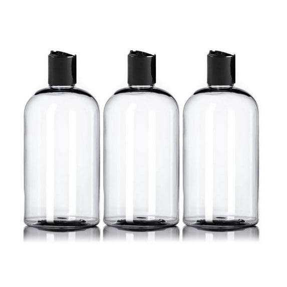 Mountainleaf 3 Pack 16 oz Empty Clear Squat Boston Round PET Plastic Bottles with Black Disc Caps