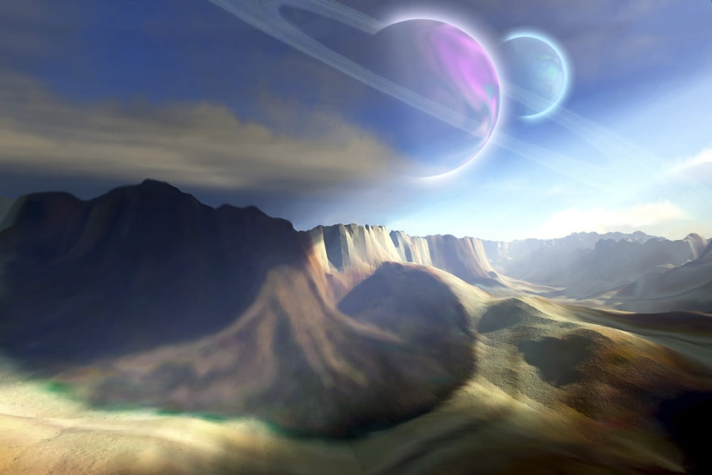 Mountainous landscape on a futuristic world with two beautiful moons Canvas Art - Corey FordStocktrek Images (18 x 12)