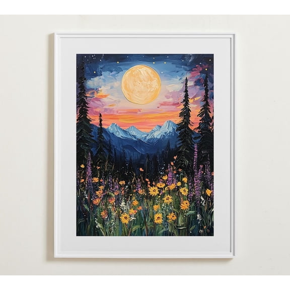 Mountains And Flowers Wall Art, Full Moon, Midnight Nature Poster, Vintage Gallery Wall Art, Wall Art Wall Art, Modern Wall Decor, 8x12 UNFRAMED