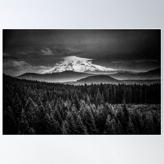 Mountains And Forest - Black And White Mt Hood With Forest Poster Wall Art, Modern Wall Decor For Living Room Bedroom, 16x24 UNFRAMED