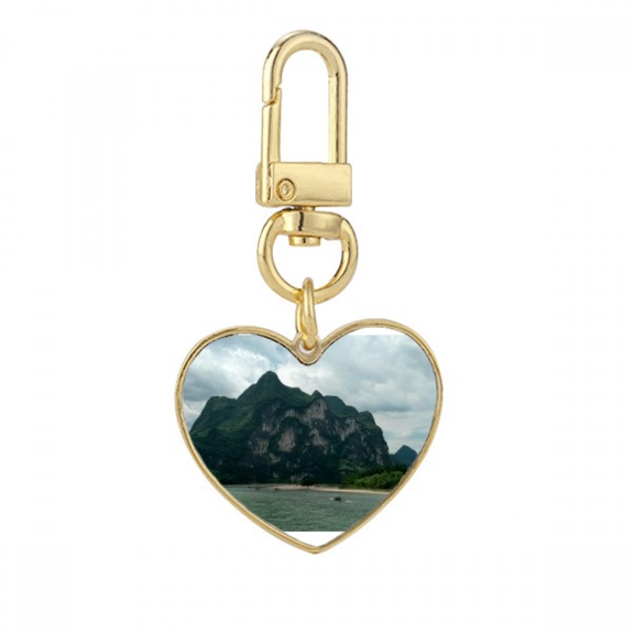 Mountains And Rivers Photography Gold Heart Keychain Metal Keyring Holder