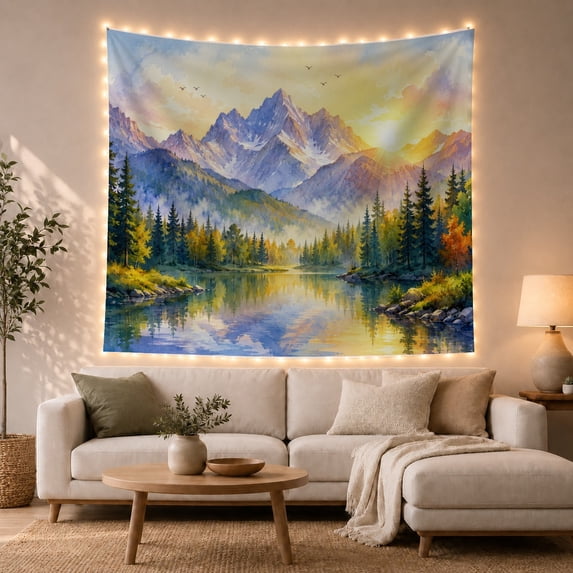Mountains Above an Autumn Forest Lake with Birds, Peaceful Digital Art for Nature Lovers, Alpine Wall Art, Housewarming Gift, Tapestry Wall Hanging for Bedroom and Living Room