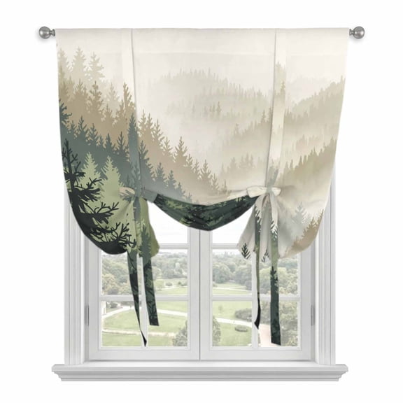 Mountains Balloon Curtains 63 Inch Length for Living Room/Bedroom, Watercolor Forest Nature Pine Trees Landscape Rod Pocket Privacy Door Curtains Decorative Tie Up Shade for Window 52"x63"