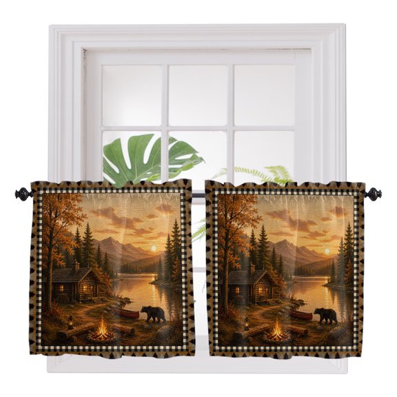Mountains Bear 2 Panel Kitchen Curtains for Small Windows, Farmhouse Country Cabins Pine Tree Brown Bathroom Tier Curtain, Short Window Treatment for Bedroom/Living Room 55"x24"