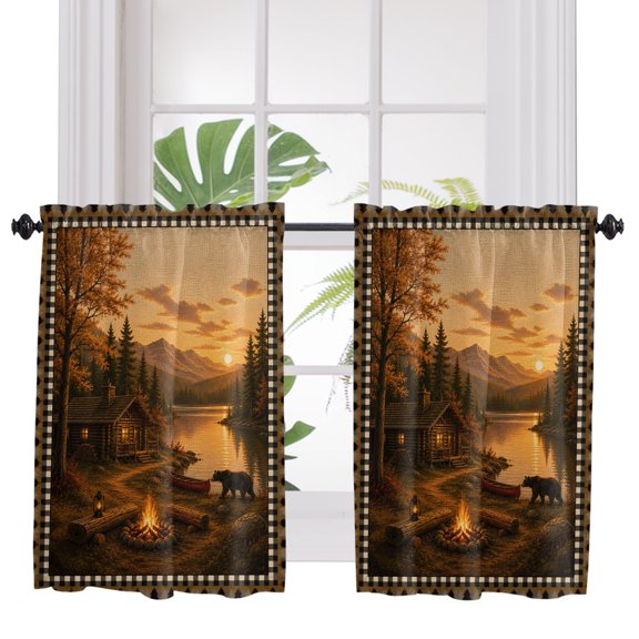 Mountains Bear Bathroom Window Curtain, Farmhouse Country Cabins Pine Tree Brown Light Filtering Coffee Kitchen Curtains, Bedroom Living Room Curtains 2 Panel 84"x45"