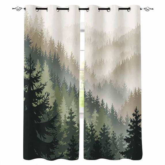 Mountains Blackout Curtains for Bedroom/Living Room, Thermal Insulated Kitchen Curtains, Watercolor Forest Nature Pine Trees Landscape Grommet Darkening Window Treatment Drapes 42"x63"x2
