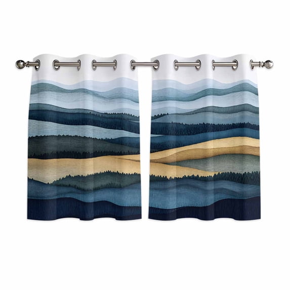 Mountains Blue Gold Kitchen Curtains Short 45 Inch Length, Modern Green Forest Trees Grommet Top Bedroom Living Room Curtains, Light Filtering Cafe Curtain Drapes 2 Panels Set 84''x45''